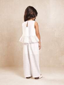 SUMWON Mädchen Sommer Lochstickerei Zweiteiler mit Peplum ärmelloser Bluse und weiter Hose, Urlaubsoutfit für Strand, Party im Frühling - Weiss - Übersicht 2