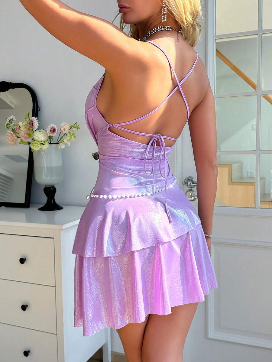 女式性感低胸荷叶边下摆珍珠腰链装饰吊带裙