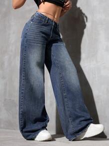 SHEIN PETITE 女士口袋宽松阔腿休闲百搭牛仔裤 - 深色水洗藍 - 查看 3