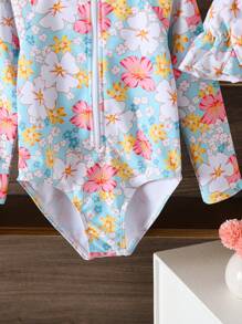 Girls' Printed One-Piece Swimsuit Girls' Floral Print One-Piece Swimsuit With Long Sleeves And Zipper Detail Young Girls' Multicolor High Neck Swimsuit With UPF 50+ Sun Protection Perfect For Summer Beach Days