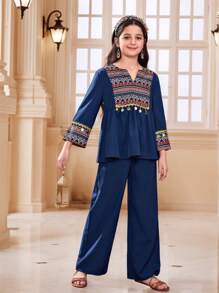 Tween Girl Casual Elegant Comfortable Loose Long Sleeve Top And Pants 2Pcs Set - Navy Blue - View 2