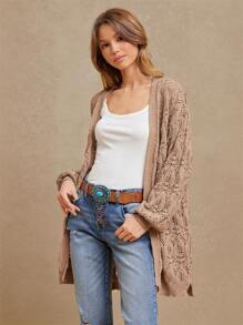 WESTFADE Pointelle Knit Open Front Side Split Cardigan Sweater Cowgirl - Apricot - View 4