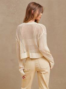 WESTFADE 春夏季镂空针织圆领蝴蝶结正面宽松短款长袖开衫毛衣西部风女装 - 米色 - 查看 2