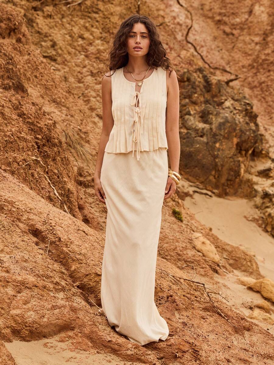 Aralina 抽绳休闲夏日度假海滩长款飘逸半身裙 - 黃色 - 查看 1