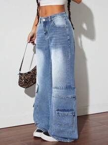 SHEIN ICON 复古美式休闲直筒女式牛仔工装裤 - 中等水洗藍 - 查看 3