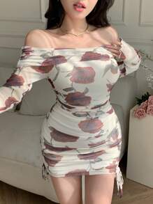 DAZY Đầm ngắn tay dài trễ vai in hoa toàn thân dành cho nữ, đầm mùa thu phong cách boho, trang phục đi nghỉ mát cho nữ. - trắng - Xem 7