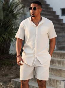 Manfinity RSRT Plus Size Men's Casual Shirt & Shorts Set, Minimalist & Stylish For Daily Wear