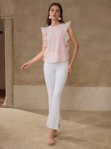 MOTF PREMIUM 对比色蕾丝荷叶边衬衫 - 粉色 - 查看 4