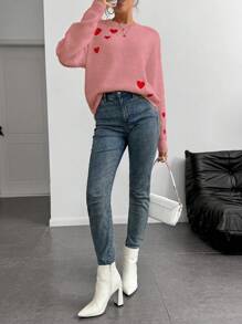 Chiquease European & American Stylish Heart Embroidery Pattern Faux Mink Loose Fit Casual Pullover Sweater, For Valentine's Day/Autumn/Winter