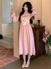 DAZY Women's Patchwork Collar Bowknot Frill Trim Mid-Length Dress,Fall Dress Long Sleeve Dress - Pink - View 7