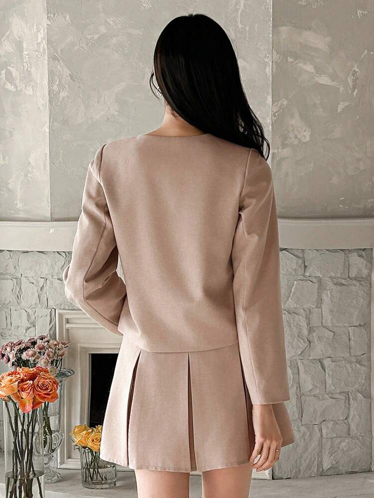 Conjunto de blazer y falda de cuello redondo de unicolor para mujer, ropa de mujer de otoño para vestimenta de negocios