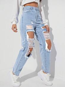 SHEIN EZwear Y2K Cut Out Ripped Frayed Carrot Black Jeans - Light Wash - View 4