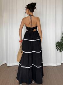 SHEIN Raffinéa Damen Lässig Resorts Stil Spaghettiträger Asymmetrisches Langes Kleid mit Gerüschtem Saum und Rückenausschnitt, Frühling/Sommer Neuerscheinung Schwarz - Schwarz - Übersicht 3