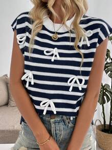 SHEIN LUNE Top de punto sin mangas con bloques de color, rayas y decoración de lazo, versátil para usar como ropa exterior en primavera/verano - Azul - Ver 6