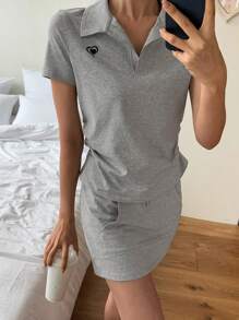 DAZY 2 件女式套装：有领短袖衬衫和迷你裙 - 灰色 - 查看 7