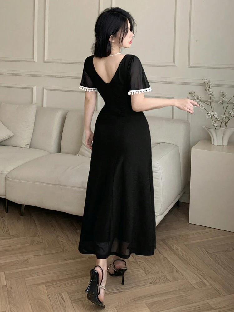 Women's Solid Color Patchwork Short Sleeve Simple Split Midi Dress Sundress