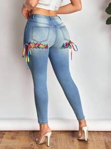 SHEIN SXY Women's Low Rise Slim Fit Stretchy Denim Jeans, Sexy Skinny Leg, Colorful Strap Belt, Summer - Blue - View 4