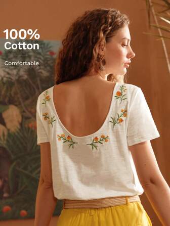 MOTF PREMIUM Camiseta Entallada Con Bordado De Flores