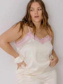 Aralina Plus Size Curve Satin Lace Trim Valentines Shirred Front Silky Cami With Scrunchie For Summer