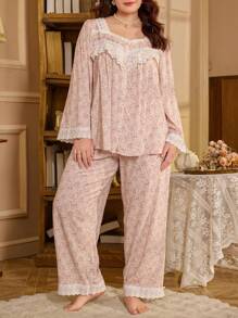 PalaceNights Conjunto de pijama de top holgado y pantalones de estilo vintage palaciego con parches de encaje y estampado floral diminuto para mujer de talla grande, ropa de otoño - Multicolor - Ver 5