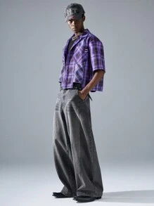 NEON BLANC 男士街头风格编织紫色和黑色格子短袖衬衫，学校，街头风格 - 紫色 - 查看 4