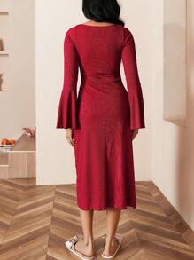 Solid Color Waist Defining Bowknot Bell Sleeve House Dress