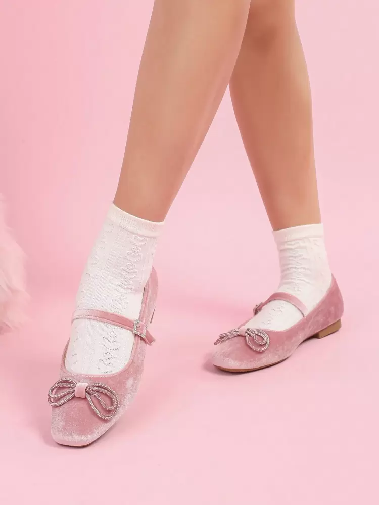 CUCCOO DOLLMOD Women's Velvet Ballerina Flats With Rhinestone Bow Decor, Romantic Sweet Pink Square Toe Slip-On Dress Shoes For Wedding, Party, Graduation Spring Shoes Spring Break Easter
