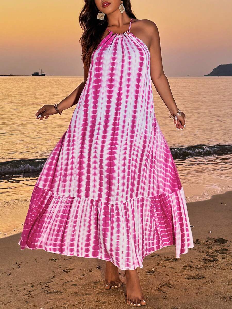 Flirla Plus Size Women Tie-Dye Print Ruffle Hem Halter Dress, Holiday Style