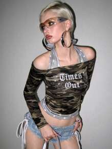 ROMWE Avant Y2K Harajuku Edgy Halter Off Shoulder Skeleton Rhinestone Gothic Graphic T-Shirt For Women