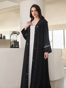 Al Najma Women's Elegant Luxurious Beaded Pearl Long Abaya Robe,Modest - Black - View 5