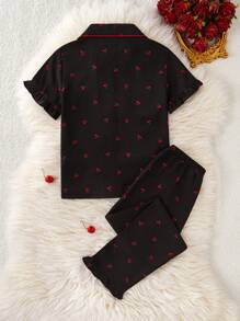 时尚女童荷叶边领泡泡褶皱樱桃印花睡衣套装 - 黑色 - 查看 2