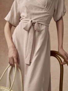 Écloséra Vestido largo informal de mujer de manga corta y unicolor con detalle de lazo - Albaricoque - Ver 5