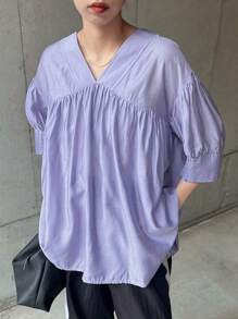 FRIFUL Women's V-Neck Puff Sleeve Blouse, Purple, Summer Clothing,Ruffle