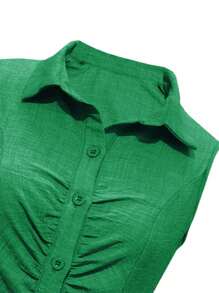 SHEIN LUNE Women's Solid Color Single-Breasted Sleeveless Shirt Dress - Green - View 5