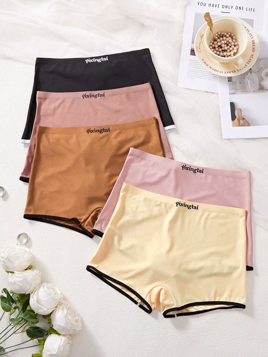 5pcs Women Solid Color Patchwork Letter Print Casual Briefs - Multicolor - View 1