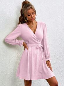 SHEIN Clasi 干玫瑰裹身式浪漫性感V领连衣裙 - 粉色 - 查看 4