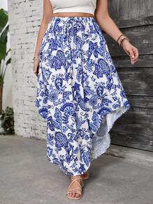 SHEIN VCAY Plus Size Holiday Blue & White Mixed Retro Print Drawstring Waist Asymmetrical Hem Boho Loose Casual Beach Skirt, Western Wear For Women, Festival, Boho, Hippie, Cowgirl Outfit, Bohemian, Summer Outfits For Women, Beach, Summer Clothes For Women, St. Patrick's Day Outfit, Spring Outfits For Women