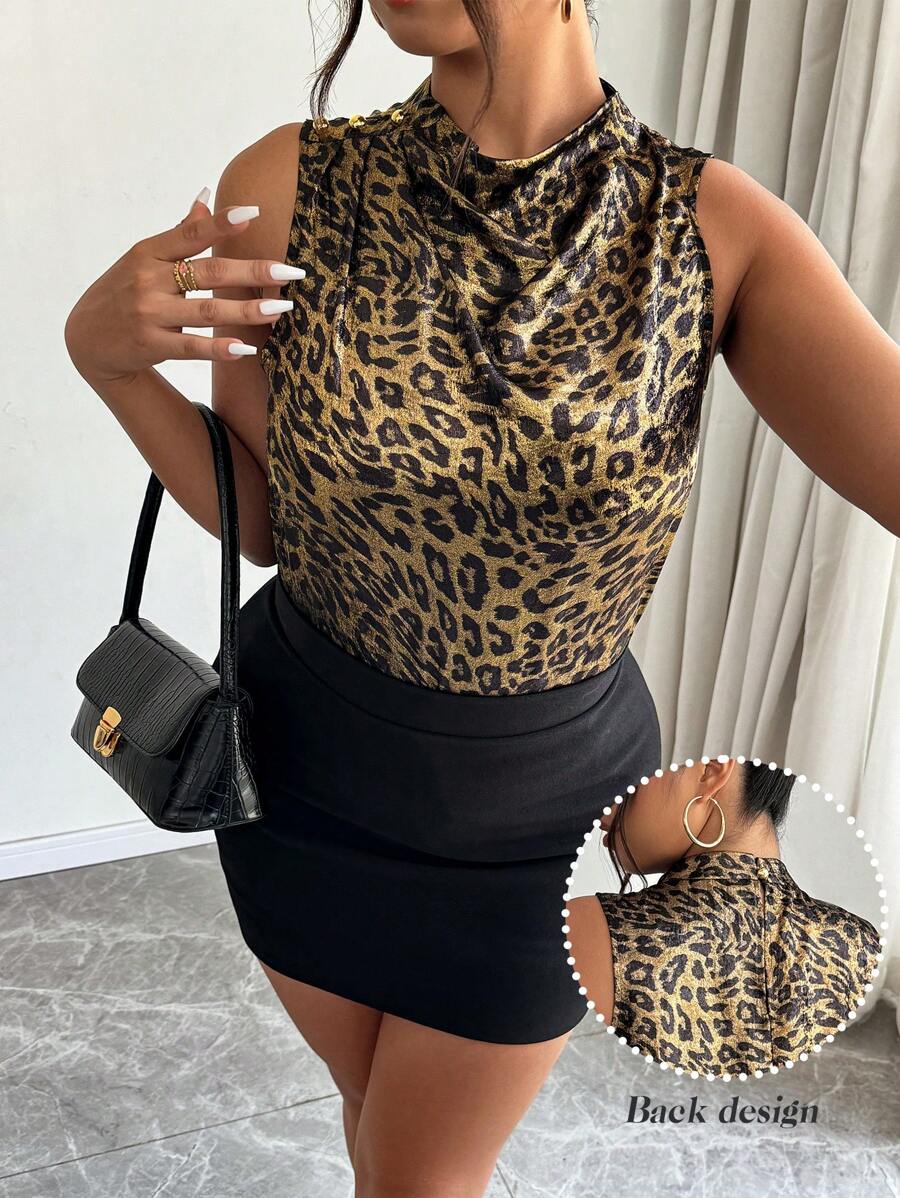 Calvaya Plus Size Stand Collar Sleeveless Leopard Print Casual Top, Everyday Wear