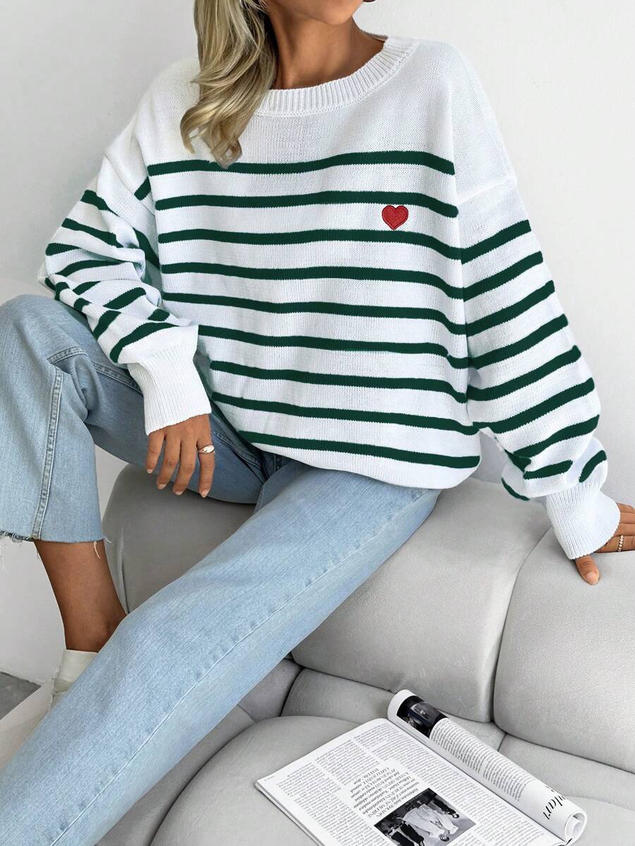 SHEIN Cottnline 条纹与心形图案落肩毛衣 - 綠色 - 查看 1