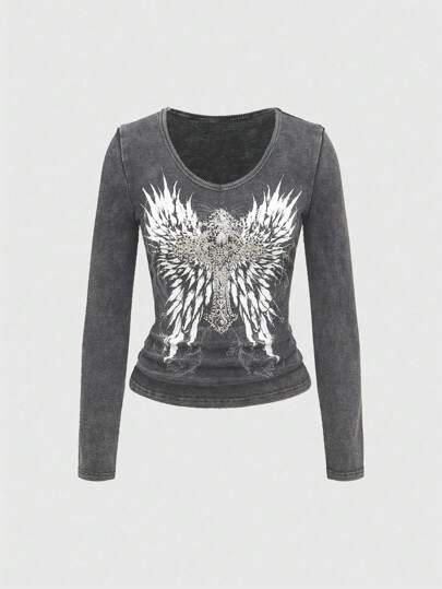 Grunge Punk تي شيرت ضيق مطرز بقصة صليب وأجنحة ممزوجة بالراين للنساء