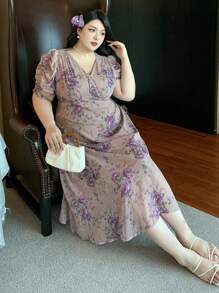 Dazy Plus Plus Size Purple Ditsy Floral V-Neck Puff Sleeve Dress, Soft And Romantic, Holiday & Beach Style, Spring/Summer Sundress