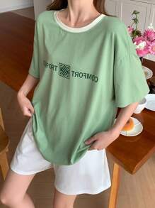 DAZY 2pcs Women Oversized Letter Print Short Sleeve Loungewear Set Pajama - Green - View 7