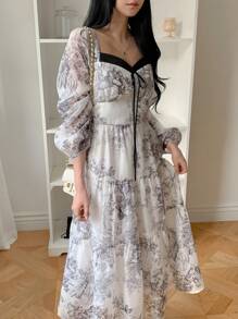 DAZY Women's Mythological Contrast Color Patchwork Mid-Length Dress,Ruffle,Fall Dress Long Sleeve Dress Floral Dresses For Women - White - View 3