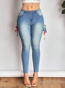 SHEIN SXY Women's Low Rise Slim Fit Stretchy Denim Jeans, Sexy Skinny Leg, Colorful Strap Belt, Summer - Blue - View 6