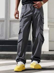 Manfinity EMRG Men's Solid Color Drawstring Pocket Simple Design Casual Cargo Pants, Daily Casual Wear - Dark Grey - View 1