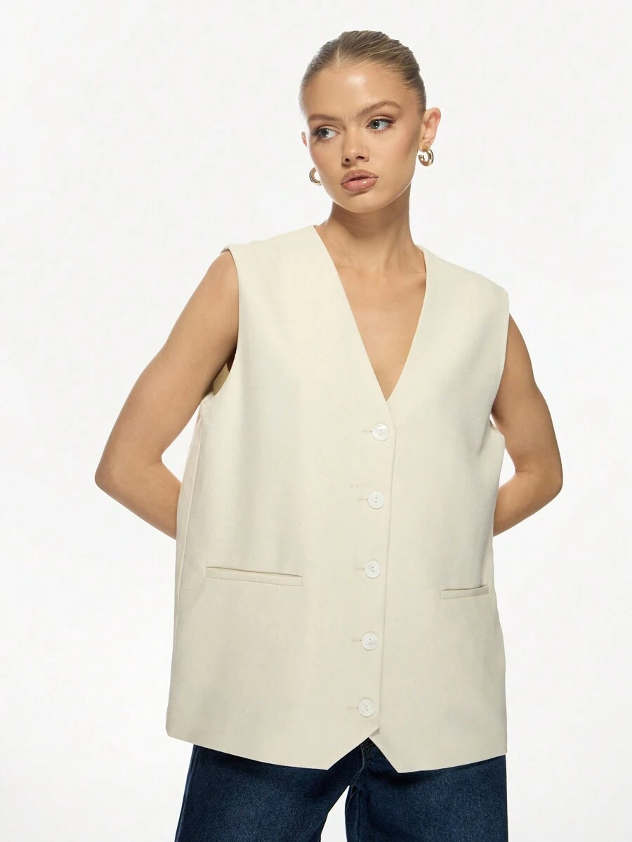 MISSGUIDED 休闲商务马甲背心无袖纽扣羽绒专业办公装日常必备分层片现代专业工作服 - 杏色 - 查看 1