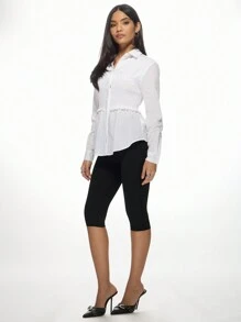 MISSGUIDED Elegant Shirred Waist Button-Down Blouse Professional Office Wear Long Sleeve Fitted Smart Casual Business Formal Work Top With Ruffled Detail - White - View 3