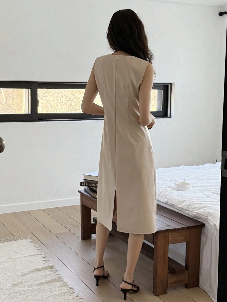 Solid Color Round Neck Sleeveless PU Knot Midi Dress For Women,Casual Women Dresses