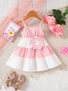 Baby Girl Contrast Color Cute Summer Suspender Dress And Floral Decoration Bag