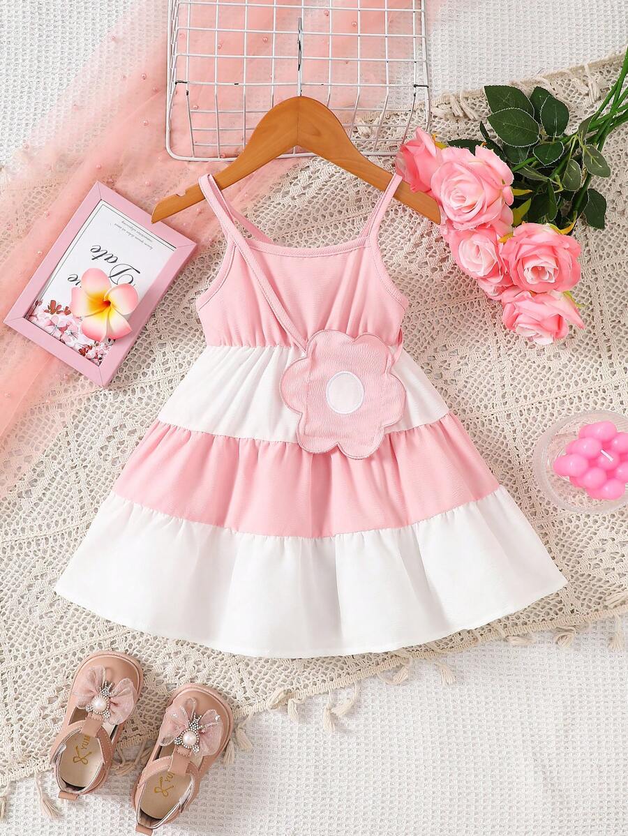 Baby Girl Contrast Color Cute Summer Suspender Dress And Floral Decoration Bag